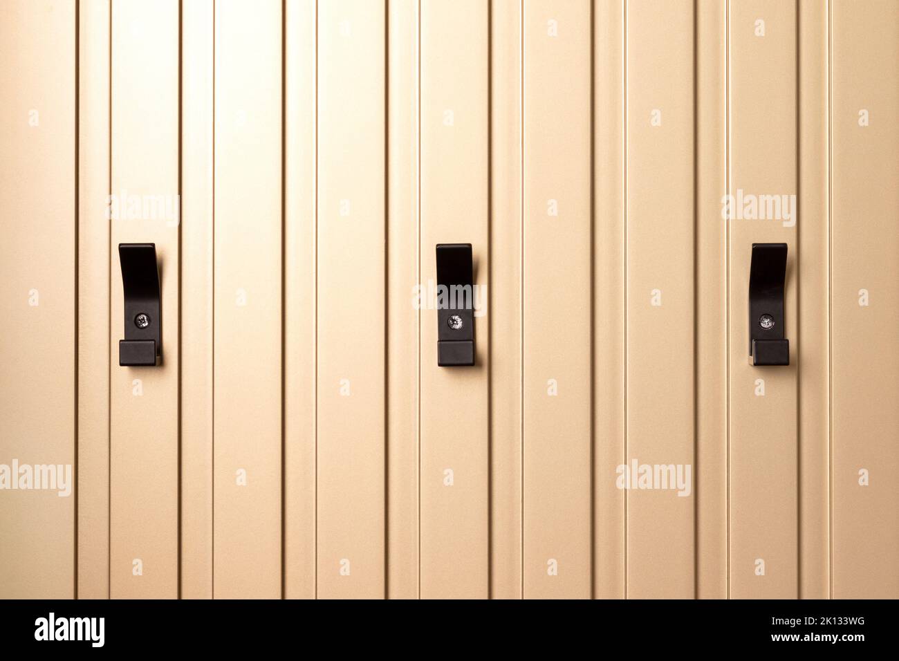 Schwarze moderne Kleiderbügel, Kleiderhaken an der goldenen Wandschlosung Stockfoto