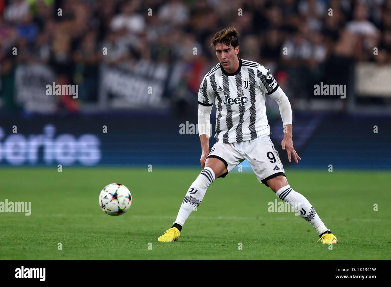 Dusan Vlahovic vom FC Juventus im Einsatz beim UEFA Champions League-Spiel der Gruppe H zwischen dem FC Juventus und SL Benfica am 14. September 2022 in Turin, Italien. Stockfoto