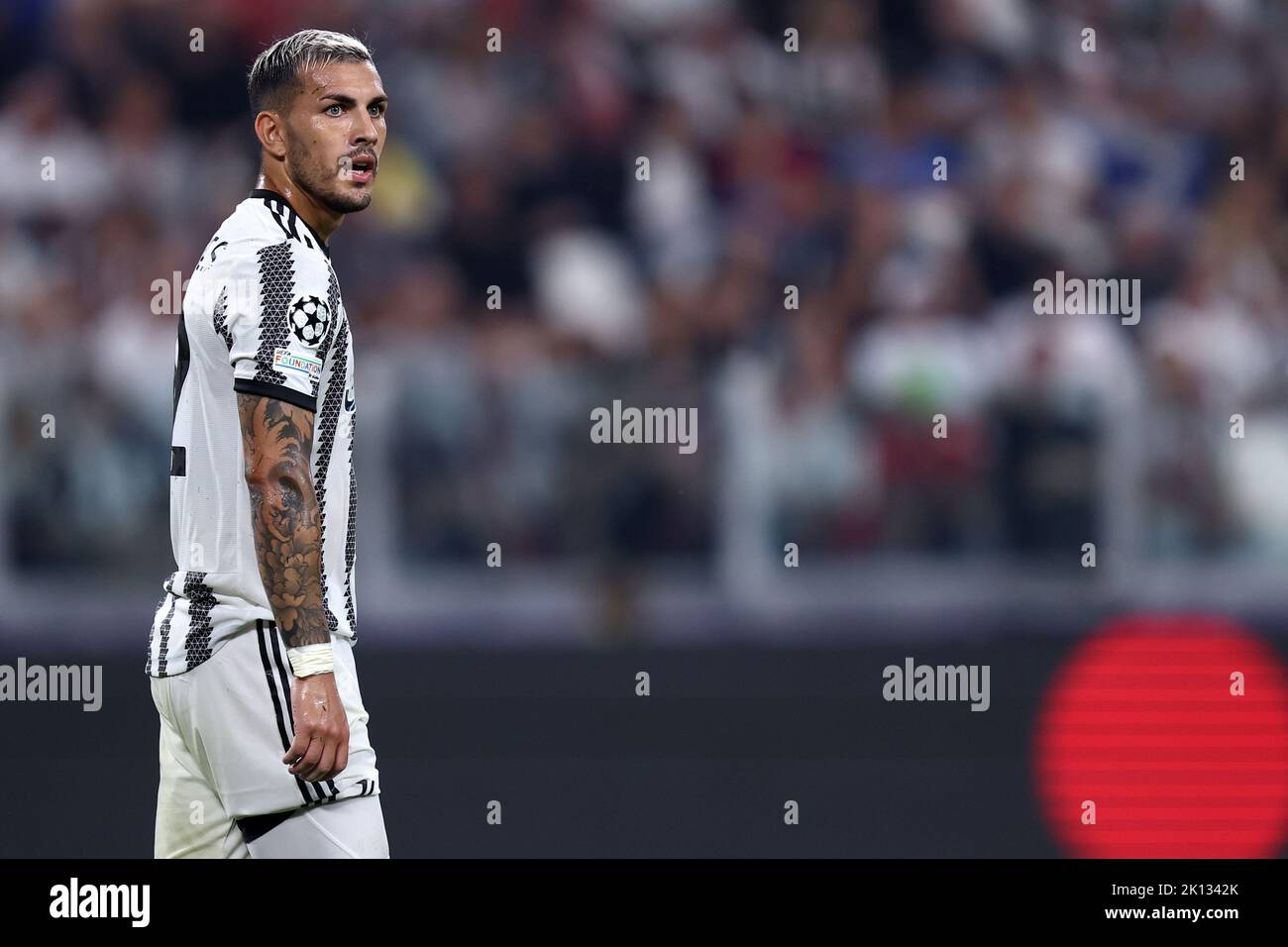 Leando Paredes von Juventus FC schaut während des UEFA Champions League Gruppe H Spiels zwischen Juventus FC und SL Benfica am 14. September 2022 im Allianz Stadium in Turin, Italien, auf. Stockfoto