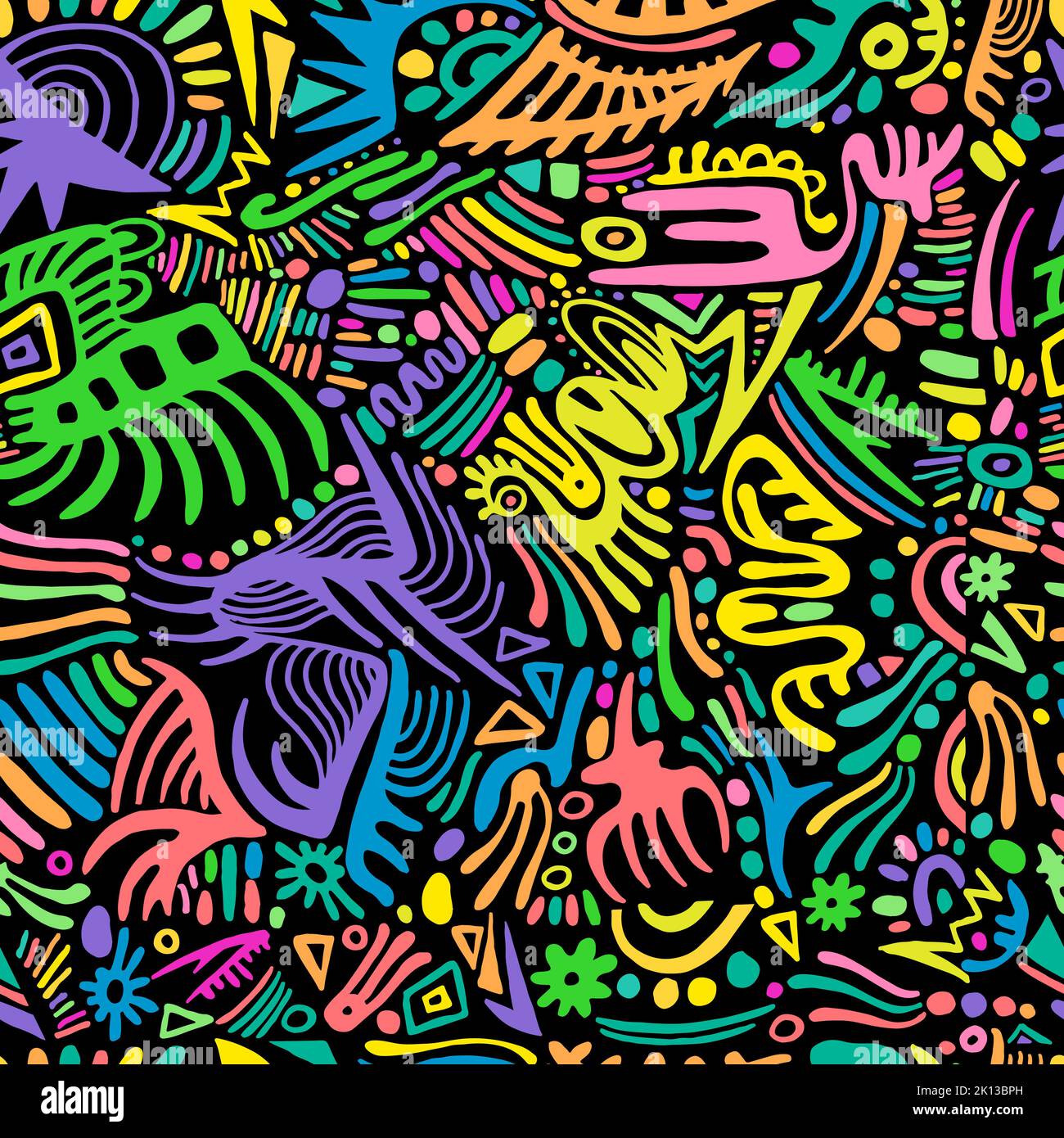 Funky psychedelische nahtlose Muster mit erstaunlichen Regenbogen Doodles Stil Ornamente. Bizarre einfache helle Hintergrund. Stock Vektor