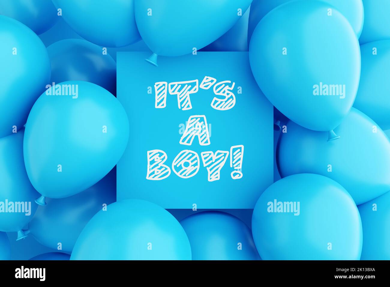 Blauer Schilderrahmen mit der Nachricht, ES ist ein JUNGE mit blauen Luftballons umgeben. Neugeborenenansage, Geburtstagsfeier und Duschparty concep Stockfoto