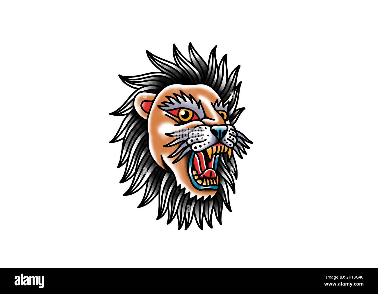 Old School traditionelle Tattoo inspiriert cool Grafik Design Illustration Löwenkopf für Merchandise T-Shirts Aufkleber Tapeten Label Logos Dekoration Stockfoto