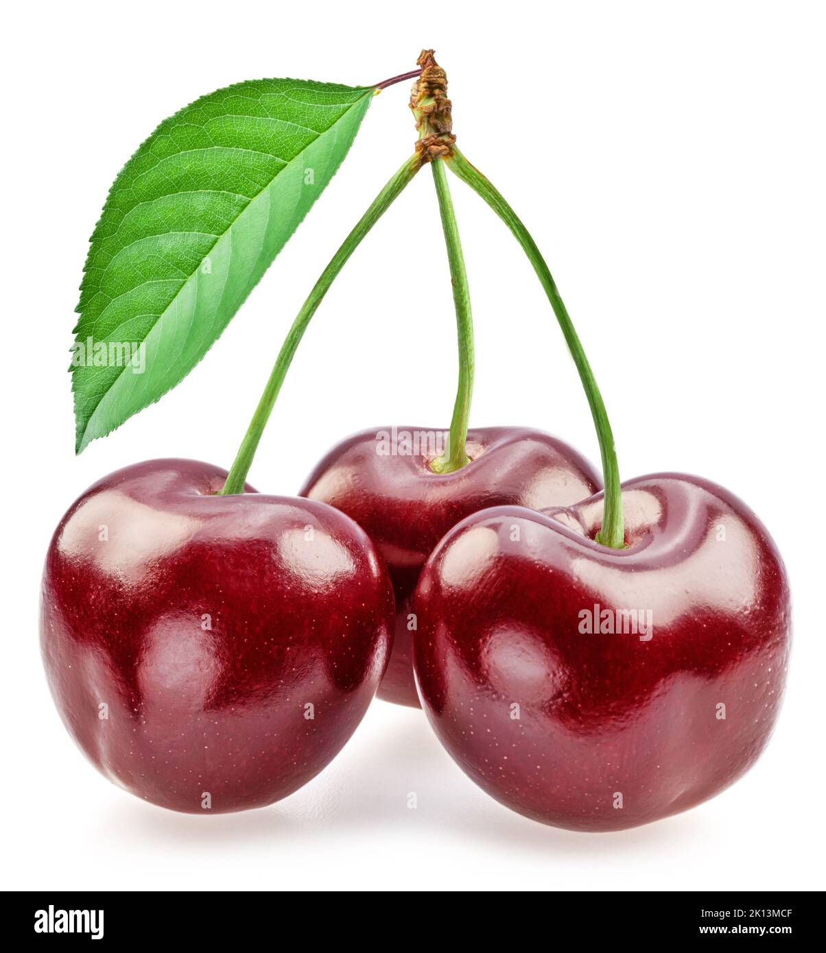 Süße Kirschen mit Blatt isoliert auf weißem Hintergrund. Stockfoto
