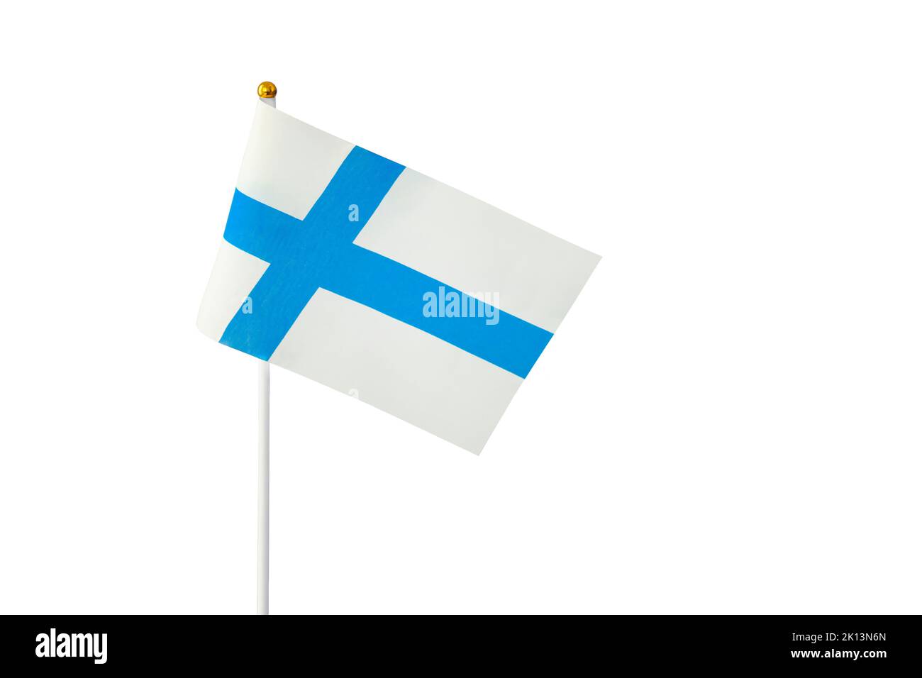 Finnland Flagge winkt auf weißem Hintergrund, Nahaufnahme, isoliert Stockfoto
