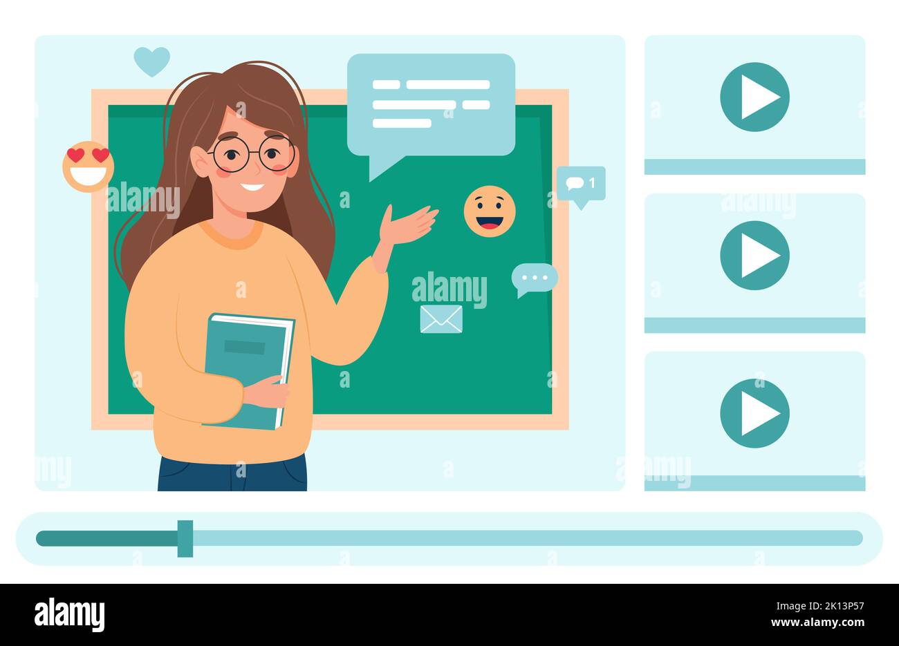 Webinar-Online-Schulung. Lehrerin erklärt, Video auf dem Bildschirm. Schule und Online-Lernkonzept, nette Vektor-Illustration in flachen Cartoon Stock Vektor