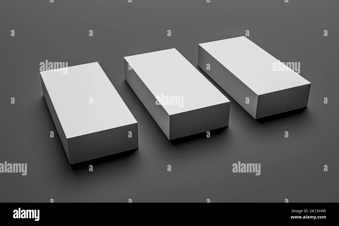 Abstraktes Design Hintergrund. Drei Kisten liegen auf einem dunklen Hintergrund. 3D Rendring Stockfoto