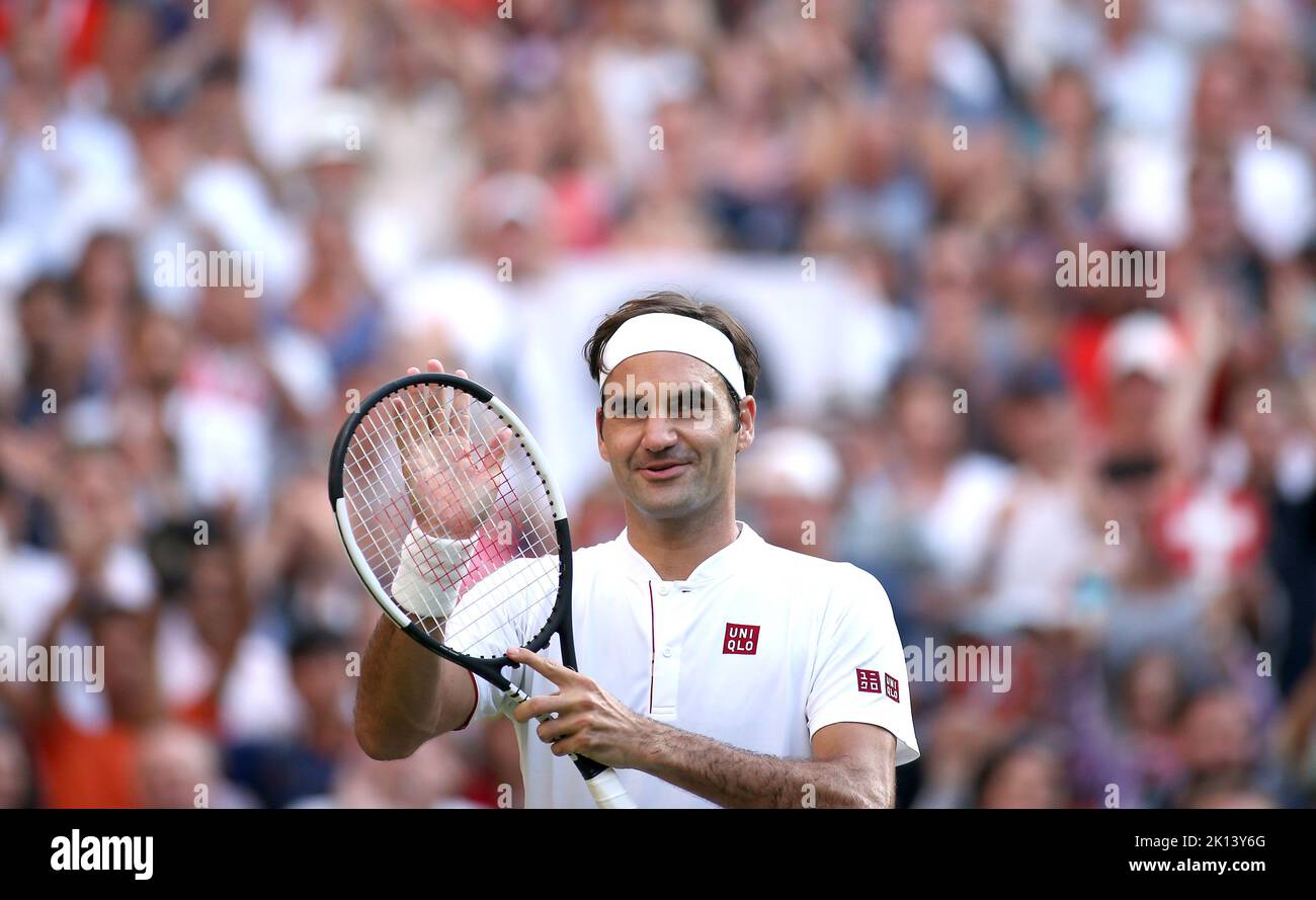 Datei-Foto vom 06-07-2018 von Roger Federer, der angekündigt hat, dass er nach dem Laver Cup aus dem professionellen Tennis ausscheiden wird. Ausgabedatum: Donnerstag, 15. September 2022. Stockfoto