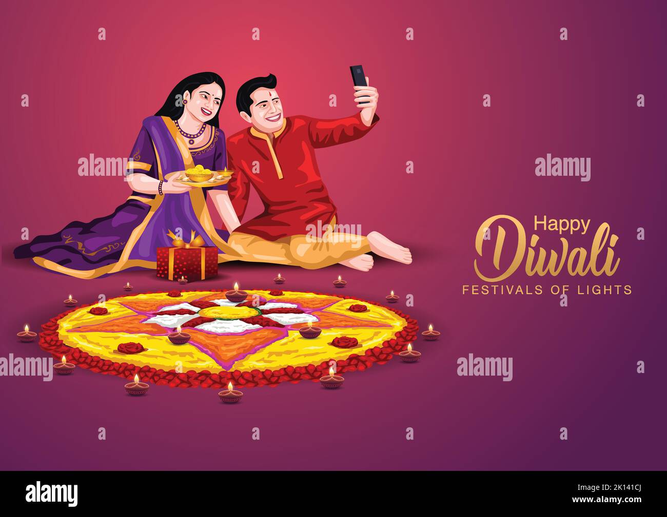 Indische Familie feiern Diwali Festival Hintergrund mit dekoriert Rangoli und Diya. vektor-Illustration Design. Stock Vektor