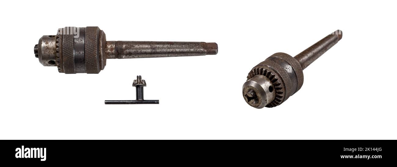 Gebrauchter Halter für Bohrer. Isoliert auf weißem Hintergrund Stockfoto