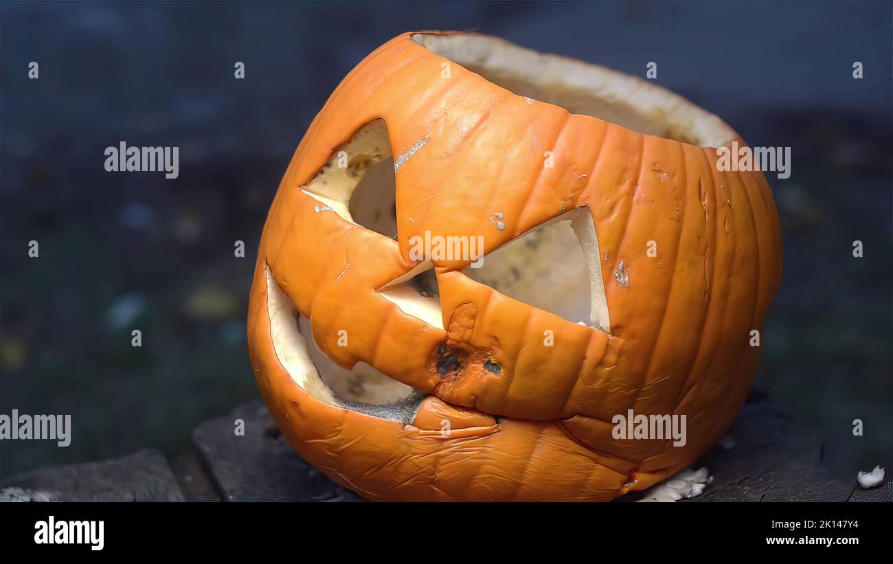 Seitenaufnahme von Jack-o-Laterne für Halloween gemacht. Verfaulter Kürbis, der mit Schimmel bedeckt ist. Stockfoto