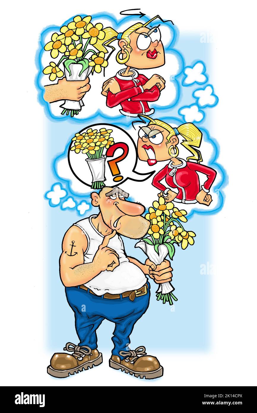 Lustige Karikatur zeigt kahlen skruffigen Mann vorstellen, Blumen zu Dame Er stellt sich vor, sie ist aus seiner Liga und unglücklich, illustrieren Dating Sorgen. Stockfoto