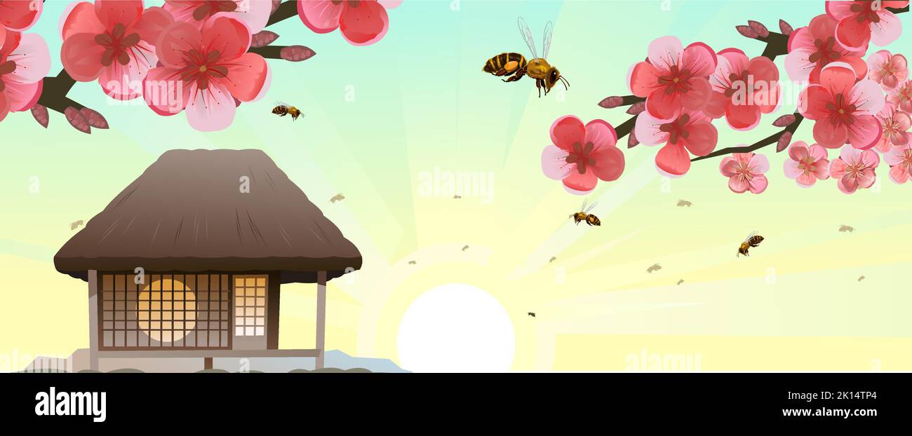 Traditionelles japanisches Haus. Blühender vichy-Obstbaum und Bienen. Ländliche Wohnung mit Strohdach. Illustration Vektor Stock Vektor