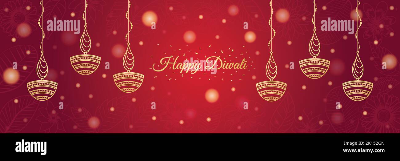 Happy Diwali Luxus Golden Red Horizontal Website Header Vektor Illustration. Lichterketten und Diya. Banner-Design für die Feier des Hindu-Festivals. Sozial Stock Vektor