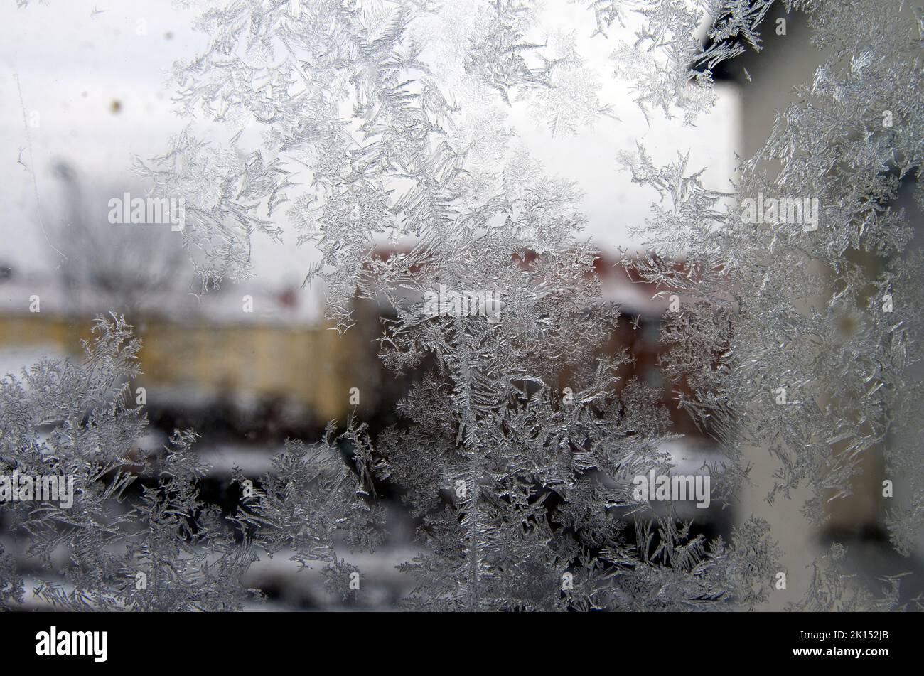 Gefrorene Eiskristalle auf einem Stadtfenster im eisigen Londoner Winter bilden kristalline Formen mit verschwommenen Gebäuden im Hintergrund Stockfoto