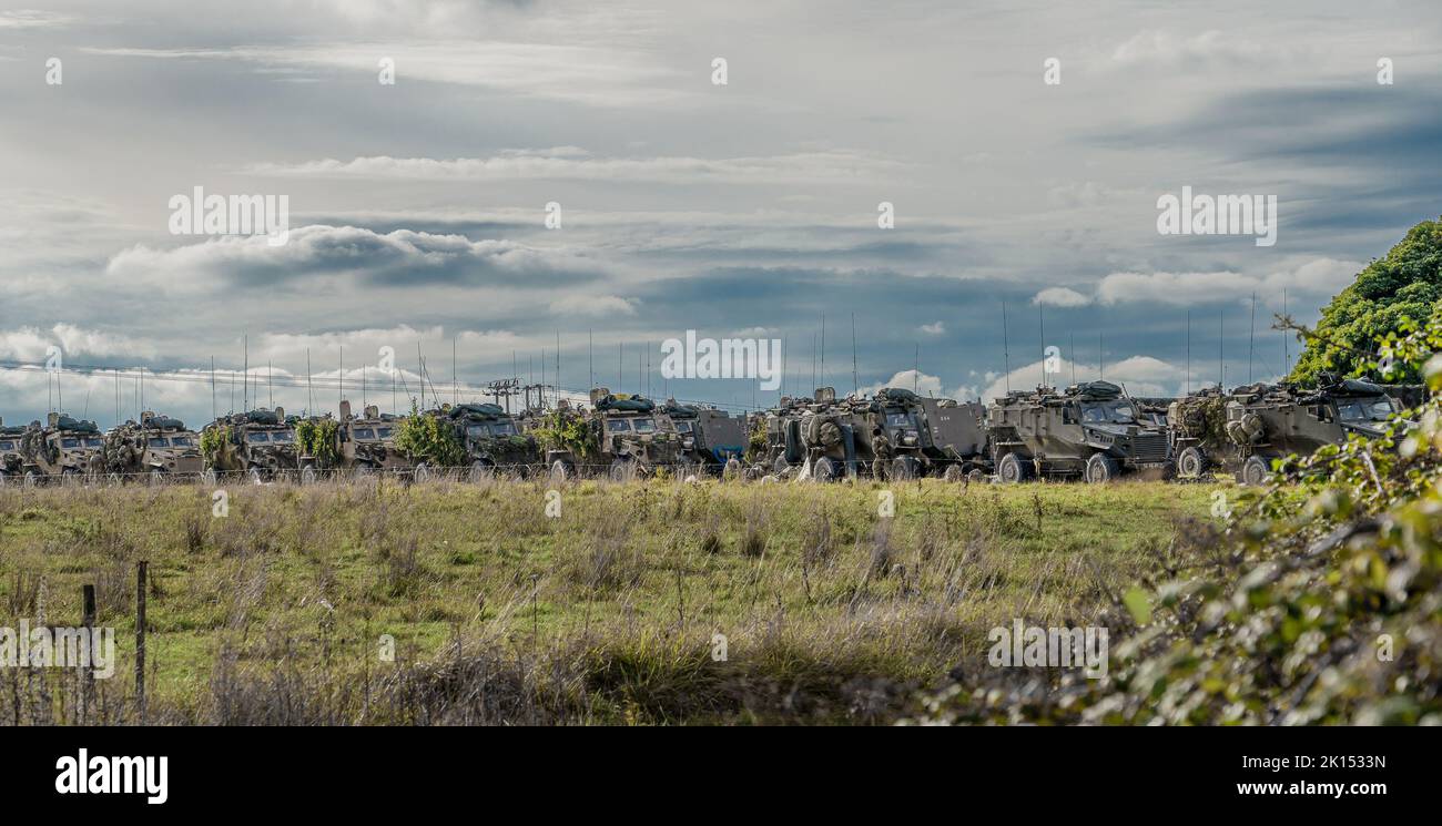 Reihen von Foxhound-Leichtschutz-Patrouillenfahrzeugen der britischen Armee warten auf den Einsatz bei einer militärischen Übung Stockfoto