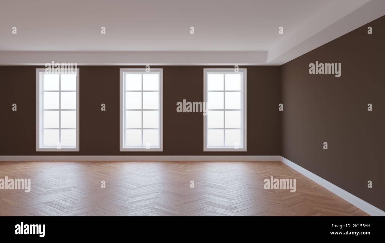 Schöne Innenausstattung mit braunen Wänden, weißer Decke und Conrnice, drei großen Fenstern, Herringbone Parkettboden und einem weißen Sockel. Wunderschönes Conce Stockfoto