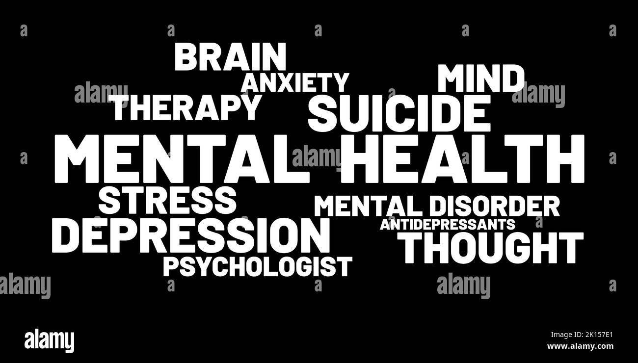 Psychische Gesundheit - Wortwolke - psychische Störung, Depression, Angst, Selbstmord und Selbstmordgedanken, und Antidepressivum. Psychologische Probleme und Probleme Stockfoto