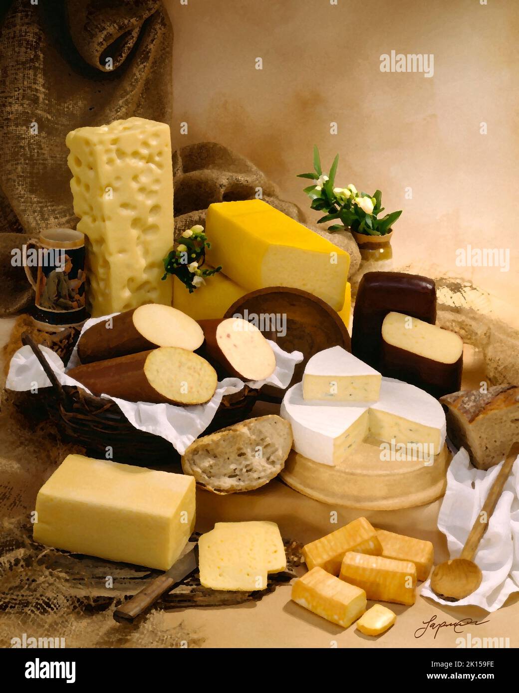 Deutscher Käse in Gruppenfoto, malerischer Filter angewendet. Braun getönter melierter Hintergrund. Studio-Tischplatte, klassisches Bild Stockfoto