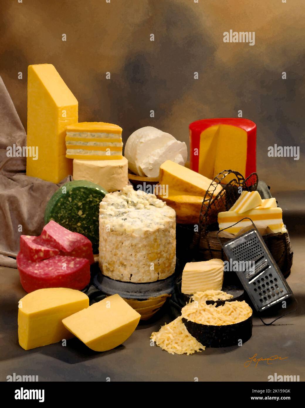 Englische Käsesorten in Gruppenfarben auf einem warmen, melierten Hintergrund. Studio-Tischplatte mit Farbfilter. Klassisches Bild. Stockfoto