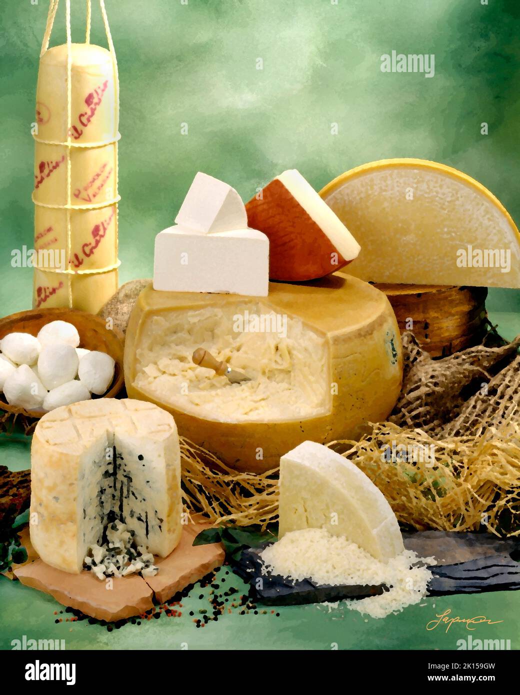 Italienischer Käse in Gruppenfoto, malerischer Filter angewendet. Grün getönter melierter Hintergrund. Studio-Tischplatte, klassisches Bild Stockfoto