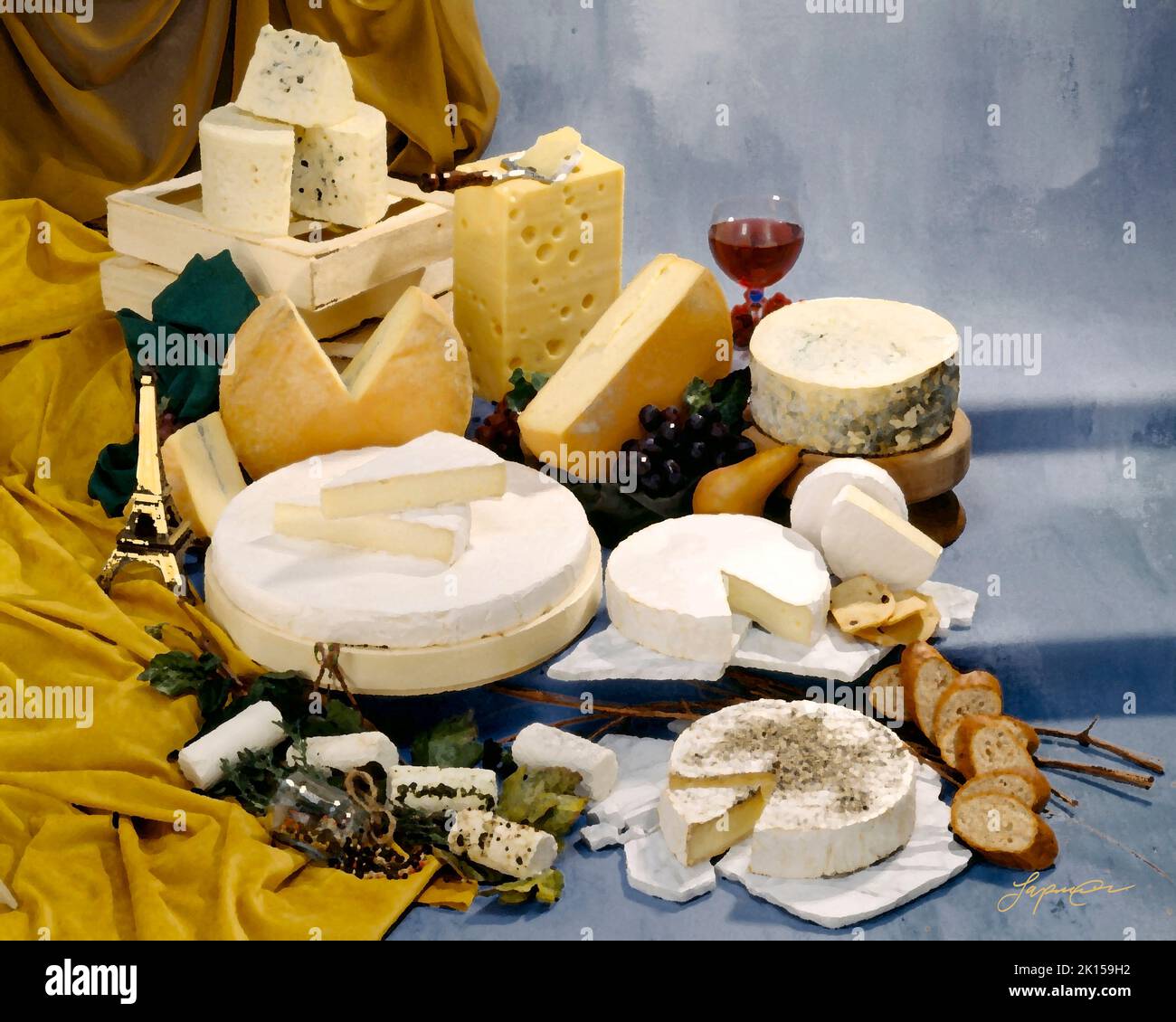 Eine Gruppe französischer Käsesorten in einem Farbfoto auf einem kühlen, grau-blauen, fleckigen Hintergrund. foto auf dem studiotisch. Mit dem Filter für Malstile in Photoshop. Stockfoto