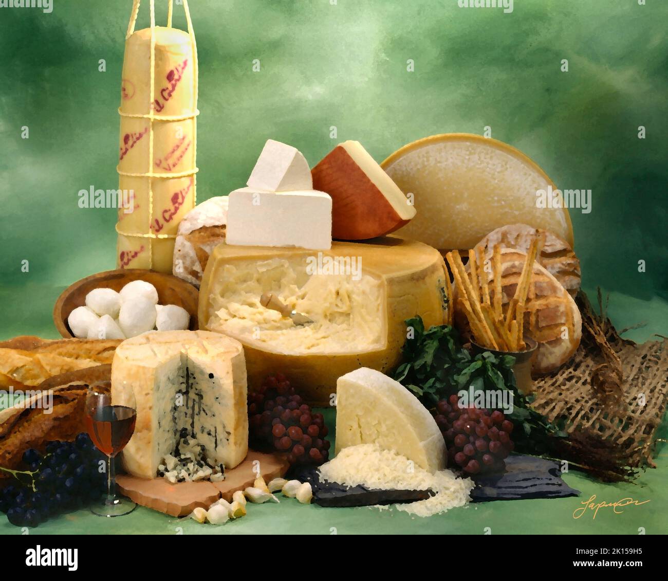 Italienischer Käse in Gruppenfoto, malerischer Filter angewendet. Grün getönter melierter Hintergrund. Studio-Tischplatte, klassisches Bild Stockfoto