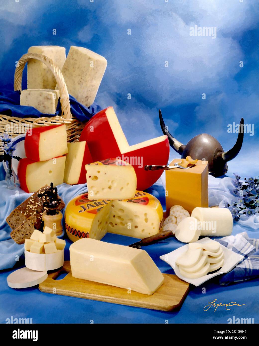 Skandinavischer Käse in Gruppenfoto, malerischer Filter angewendet. Blau getönter melierter Hintergrund. Studio-Tischplatte, klassisches Bild Stockfoto