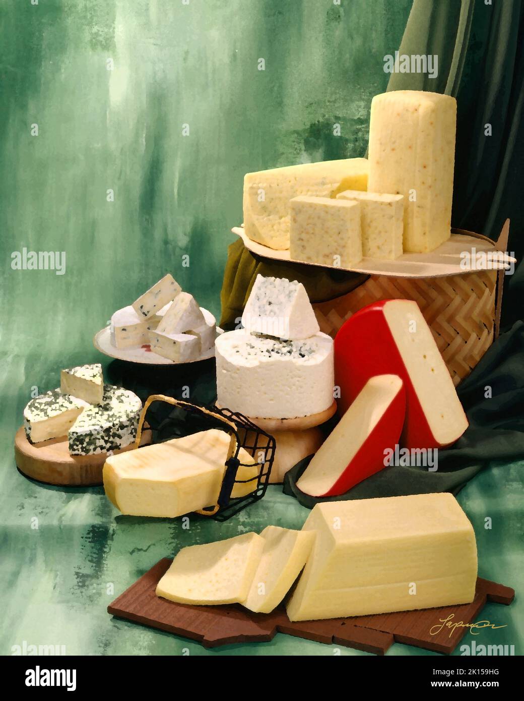 Malerisches Bild dänischer Käsesorten in Gruppenfoto auf grün getöntem, meliertem Hintergrund. Studio-Tischplatte. Klassisches Bild Stockfoto