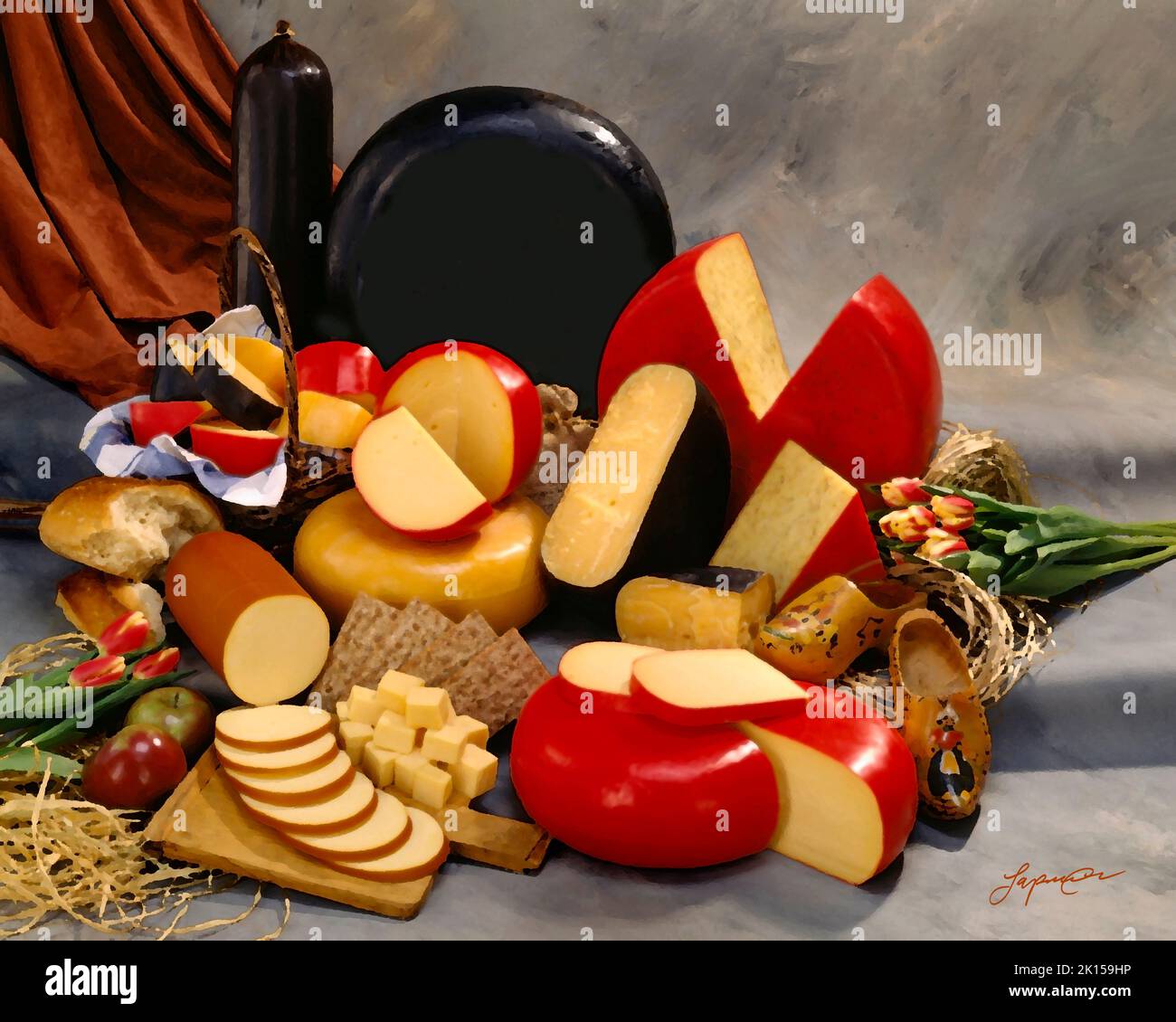 Niederlande, Holland, holländische Käsesorten in Gruppen-Sepia-Fotografie auf getöntem melierten Hintergrund. Vertikales Format, Studio-Tischplatte Stockfoto