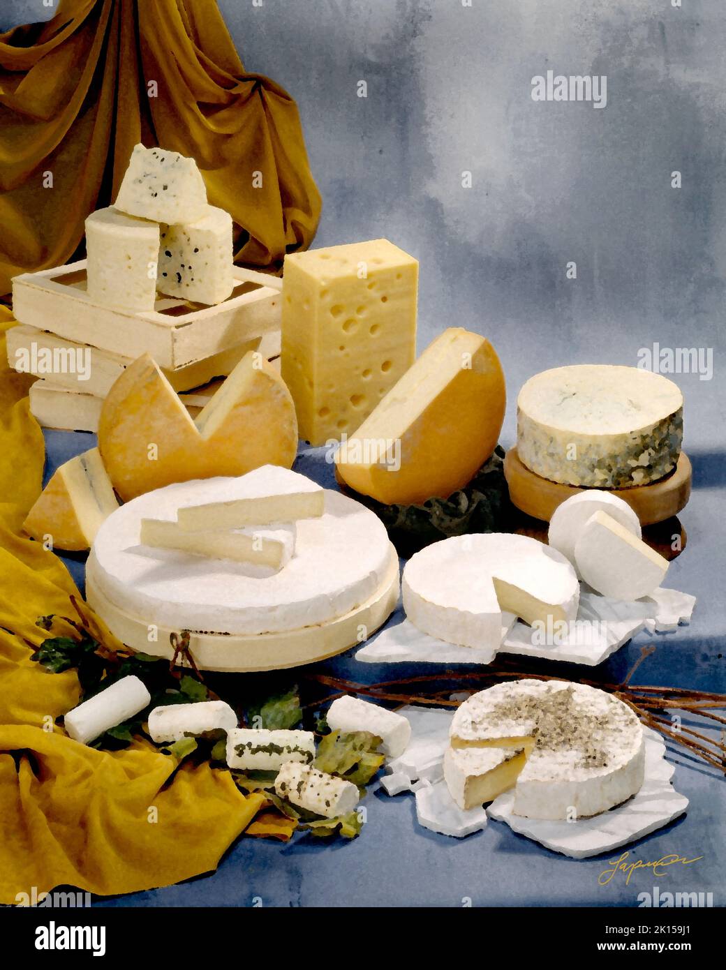 Eine Gruppe französischer Käsesorten in einem Farbfoto auf einem kühlen, grau-blauen, fleckigen Hintergrund. foto auf dem studiotisch. Mit dem Filter für Malstile in Photoshop. Stockfoto