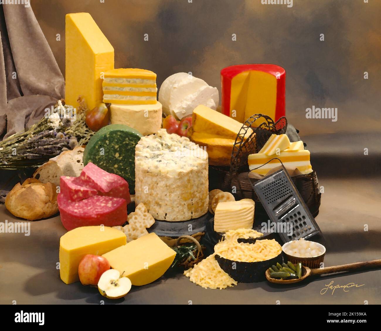 Englische Käsesorten in Gruppenfarben auf einem warmen, melierten Hintergrund. Studio-Tischplatte mit Farbfilter. Klassisches Bild. Stockfoto