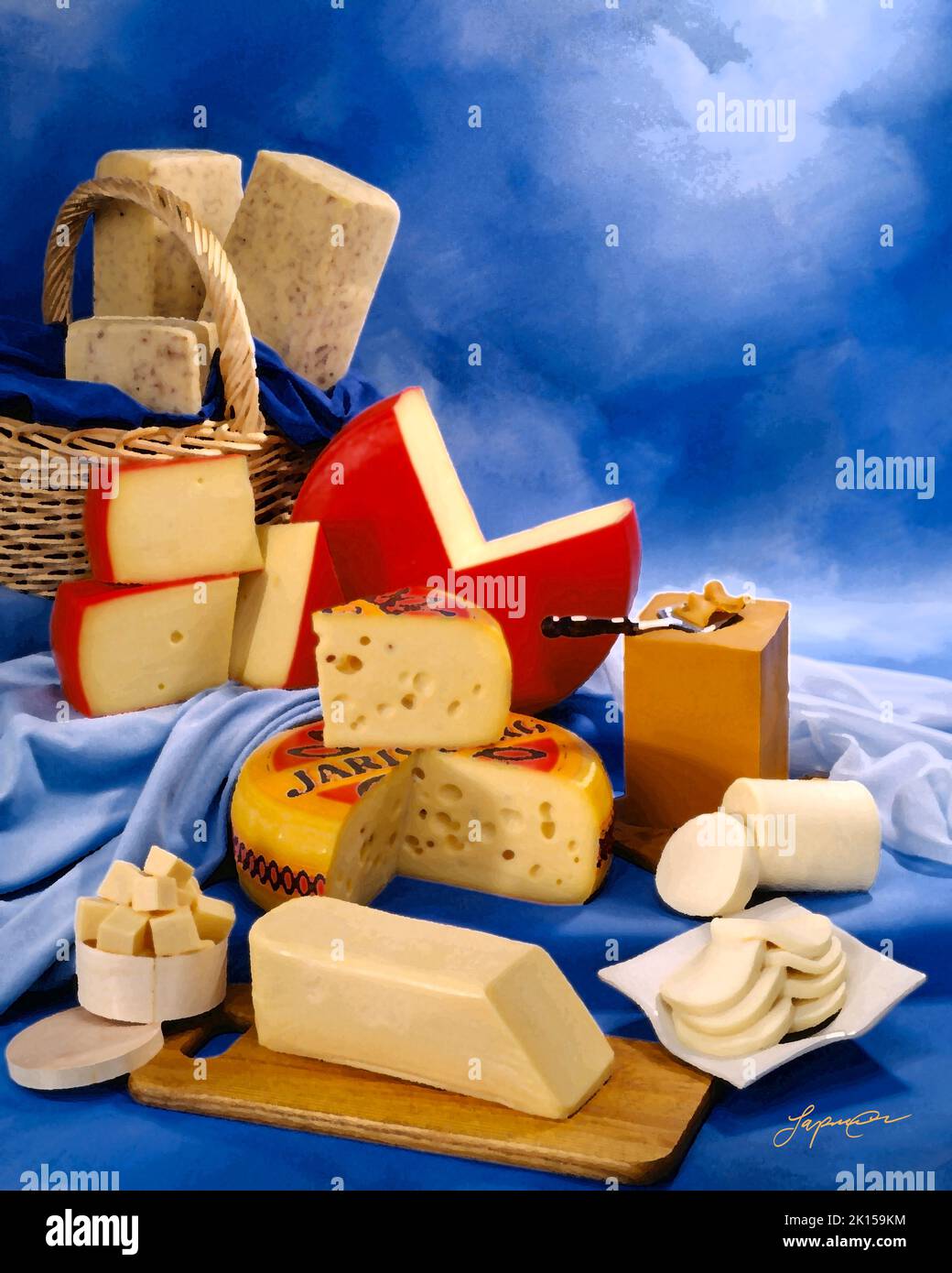 Skandinavischer Käse in Gruppenfoto, malerischer Filter angewendet. Blau getönter melierter Hintergrund. Studio-Tischplatte, klassisches Bild Stockfoto