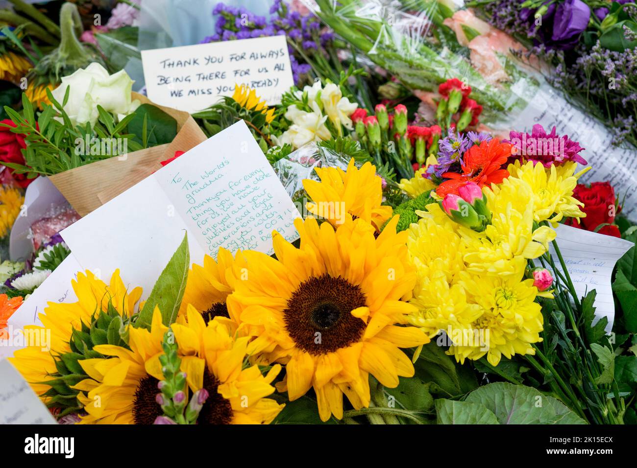 Ihre Majestät Königin Elizabeth II Beerdigung Blumen Tributes- Blumen Tribute und handgeschriebene Karten von der Öffentlichkeit links sind im Green Park, London abgebildet. Stockfoto