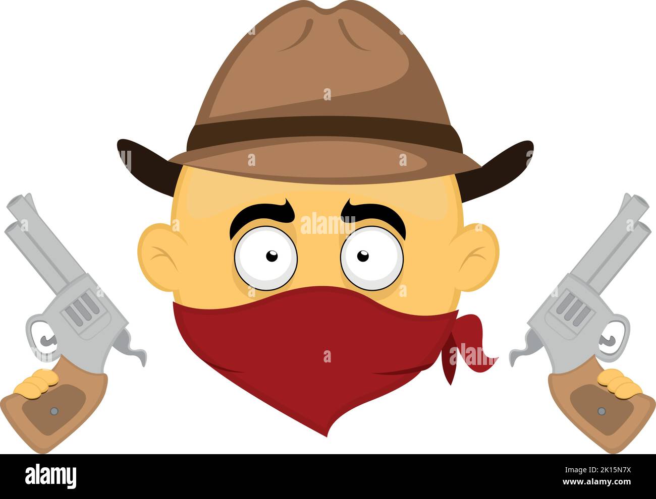 Vektor-Emoji-Illustration eines Cowboy-Banditen mit einem Hut, einem Bandana, das sein Gesicht bedeckt und Gewehren in seinen Händen Stock Vektor