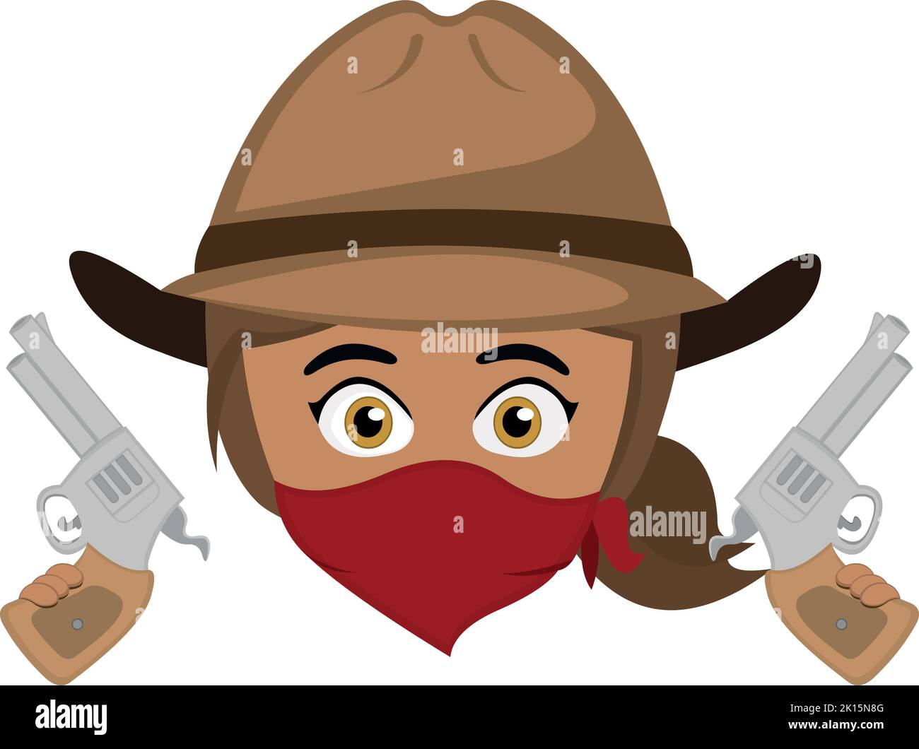 Vektor-Illustration des Emoticons einer Cowboy-Banditen aus dem fernen Westen, mit einem Hut, einem Schal, der sein Gesicht bedeckt und Waffen in seinen Händen Stock Vektor