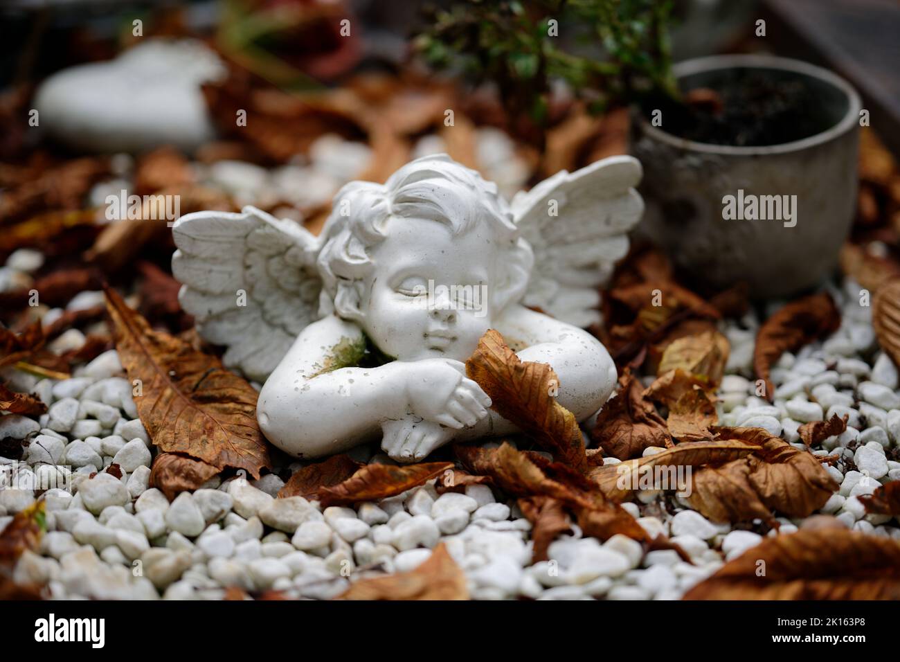 Eine kleine Engelsfigur liegt schlafend auf einem Grab mit herbstlichen Blättern Stockfoto