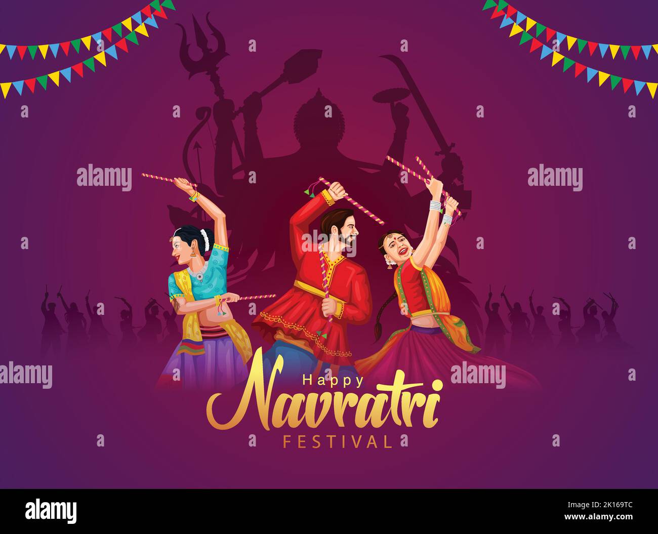 Plakat der Garba-Nacht für das indische Navratri Dussehra-Festival. vektor-Illustration von Völkern, die Dandiya-Tanz spielen. Stock Vektor