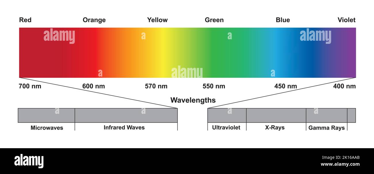 Wissenschaftliche Gestaltung des Spektrums elektromagnetischer Wellen. Das Lichtspektrum. Bunte Symbole. Vektorgrafik. Stock Vektor