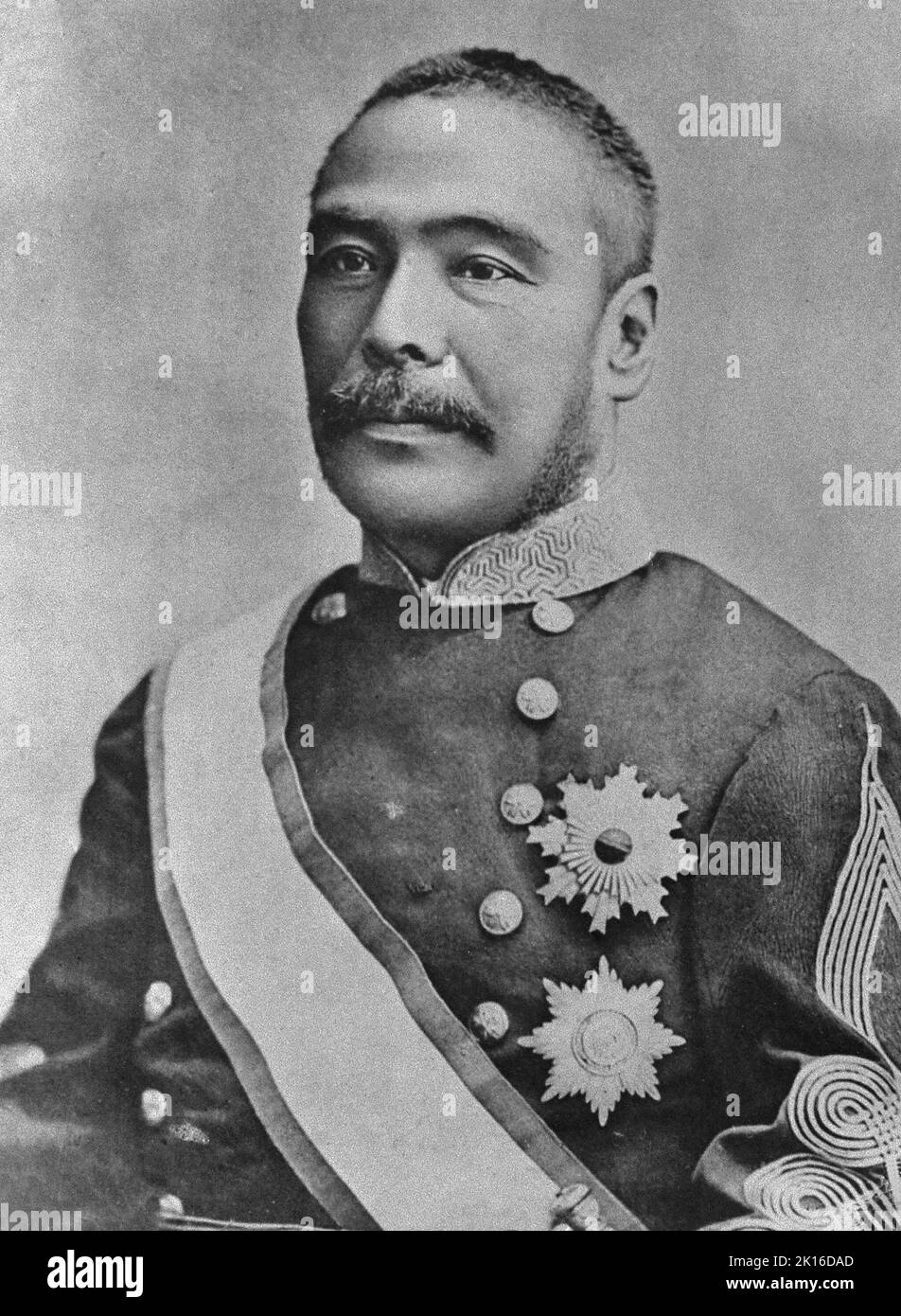 Porträt von Kuroda Kiyotaka (1840 -1900), japanischer Politiker der Meiji-Zeit, Generalleutnant der kaiserlichen japanischen Armee, zweiter Premierminister Japans (1888 - 1889). Er war auch stellvertretender Vorsitzender der Hokkaido Development Commission (Kaitaku-shi). Stockfoto