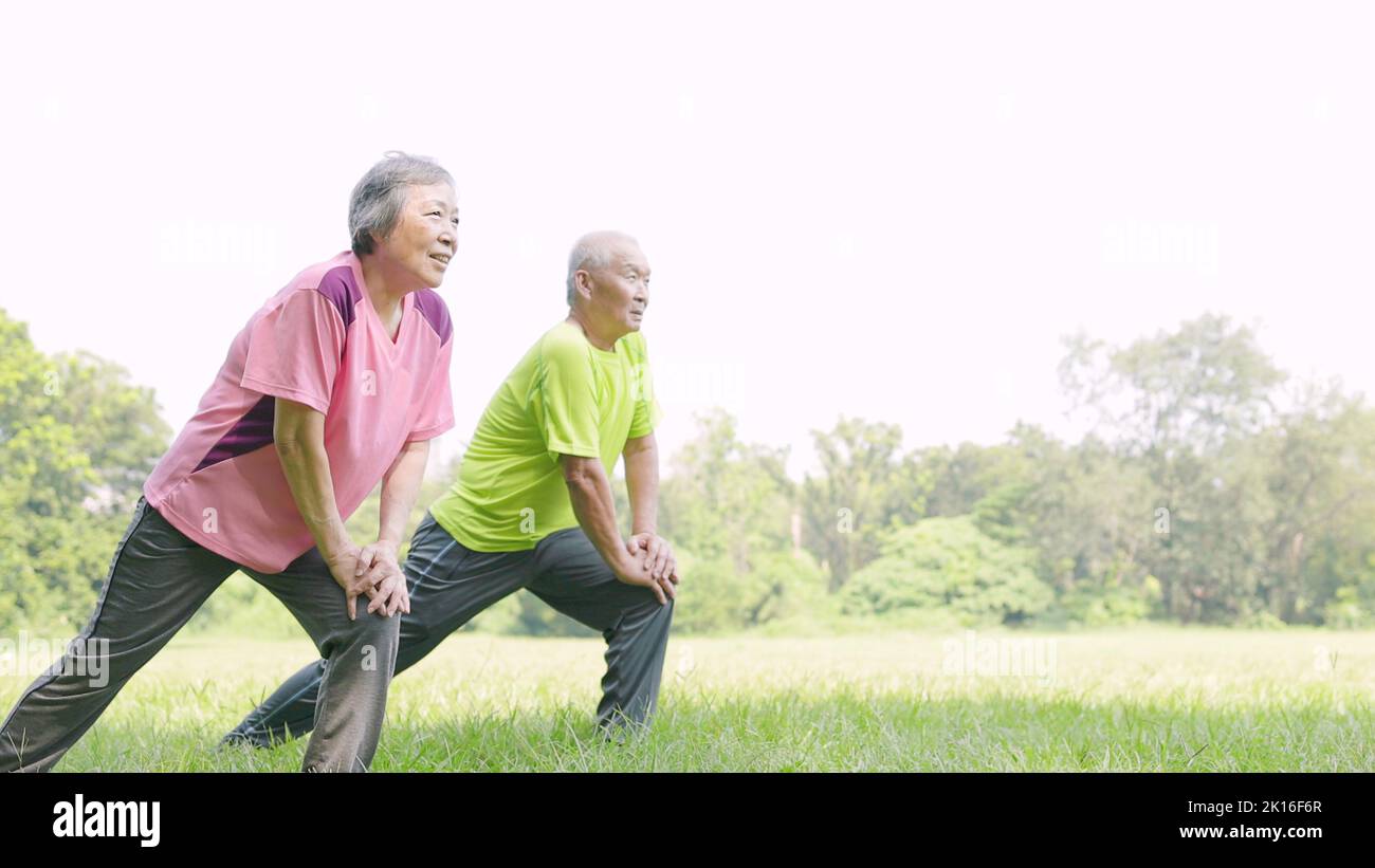 Seniorenpaar beim Training und Kniestrecken im Park Stockfoto