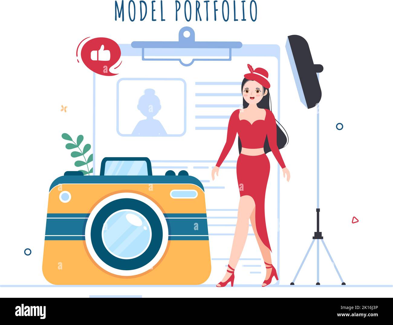 Model Portfolio Template Handgezeichnete Cartoon Flat Illustration mit Manager der Modeling Agency und Fotograf machen Fotos von Model in Platform Design Stock Vektor