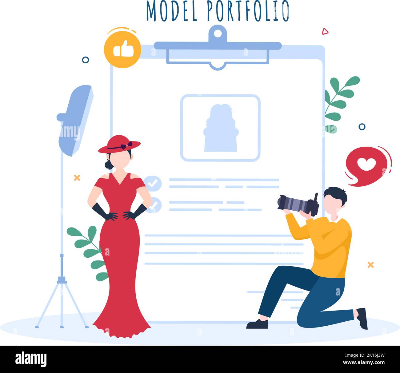 Model Portfolio Template Handgezeichnete Cartoon Flat Illustration mit Manager der Modeling Agency und Fotograf machen Fotos von Model in Platform Design Stock Vektor