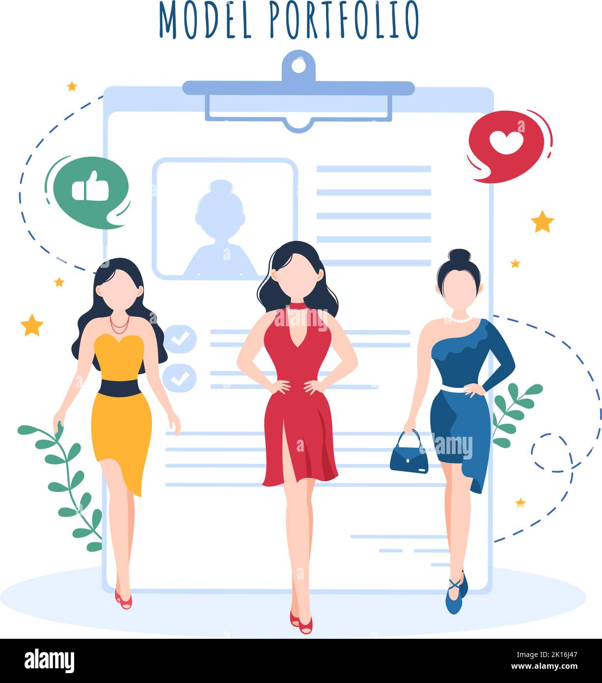 Model Portfolio Template Handgezeichnete Cartoon Flat Illustration mit Manager der Modeling Agency und Fotograf machen Fotos von Model in Platform Design Stock Vektor