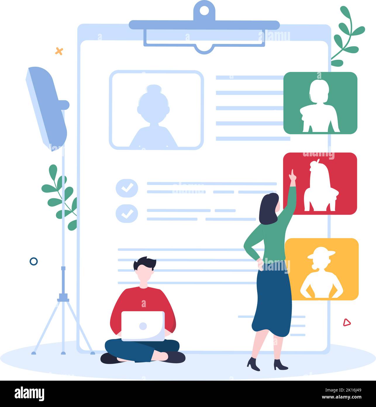 Model Portfolio Template Handgezeichnete Cartoon Flat Illustration mit Manager der Modeling Agency und Fotograf machen Fotos von Model in Platform Design Stock Vektor
