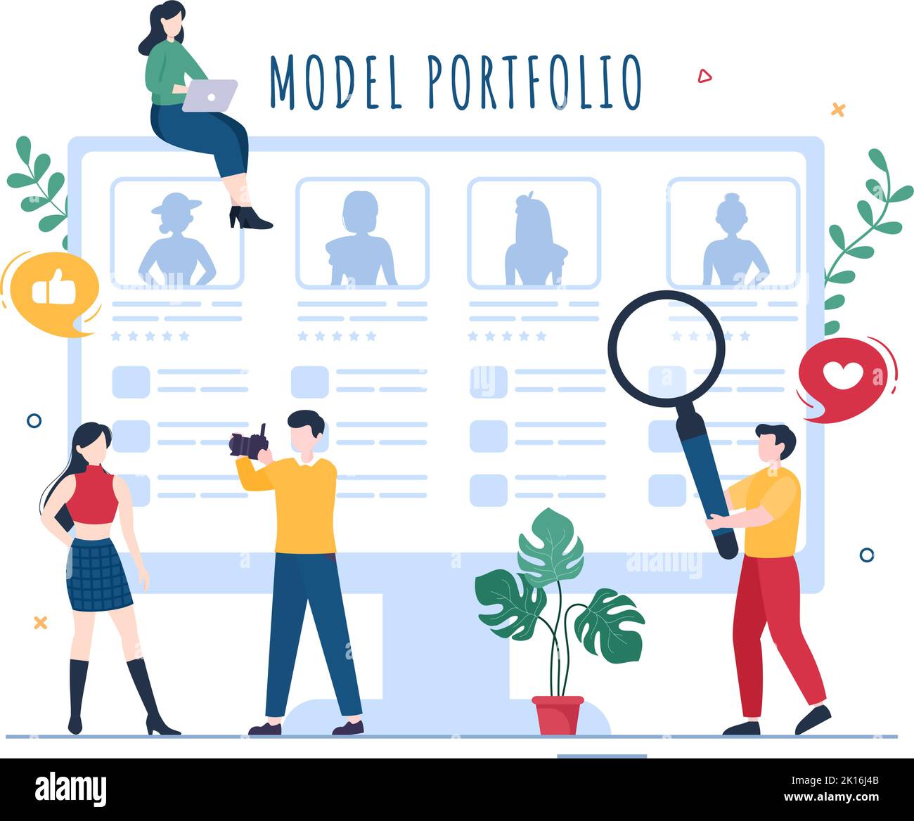Model Portfolio Template Handgezeichnete Cartoon Flat Illustration mit Manager der Modeling Agency und Fotograf machen Fotos von Model in Platform Design Stock Vektor