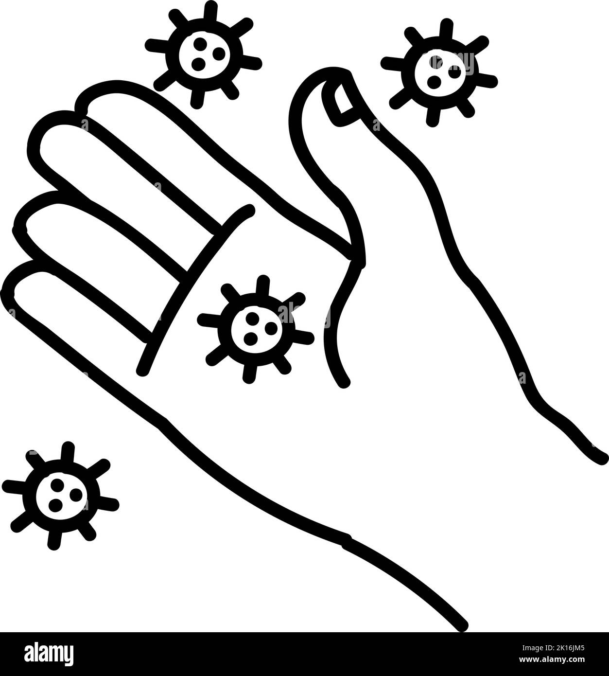 Symbol für Viren auf der menschlichen Handfläche. Handgezeichnete Vektorgrafik. Bearbeitbare Linienführung. Stock Vektor