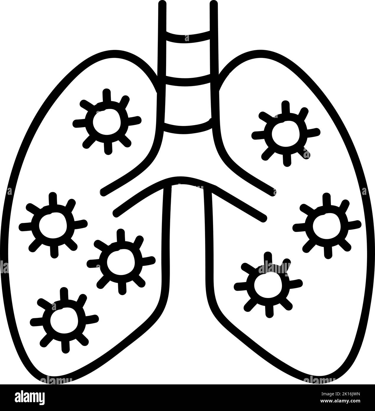 Symbol „Virus infizierte menschliche Lungen“. Handgezeichnete Vektorgrafik. Bearbeitbare Linienführung. Stock Vektor
