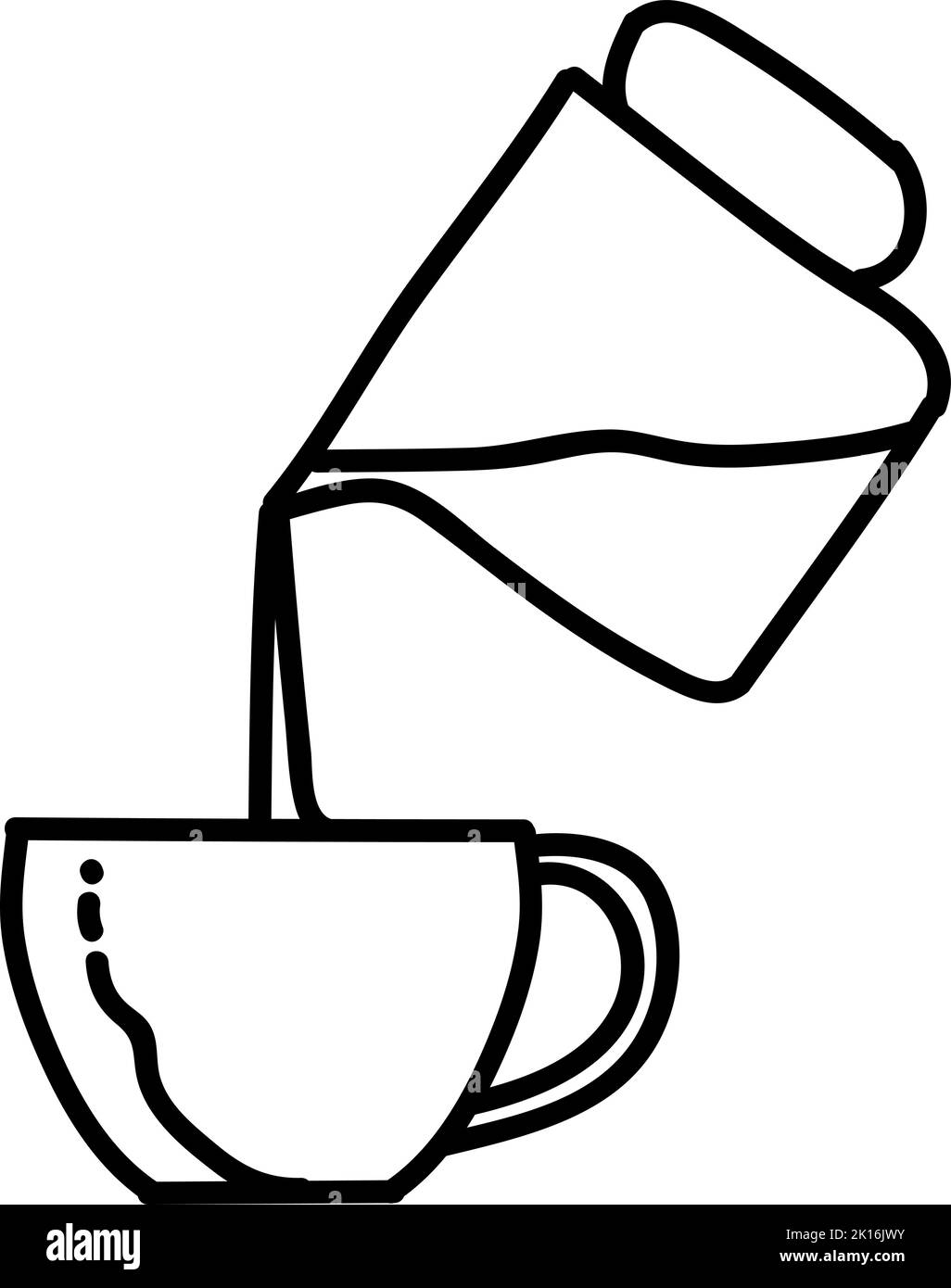 Wasser wird aus der Kanne in die Tasse gegossen. Kaffee, Tee, Milch, Schokoladengetränk. Handgezeichnete Vektorgrafik. Bearbeitbare Linienführung Stock Vektor