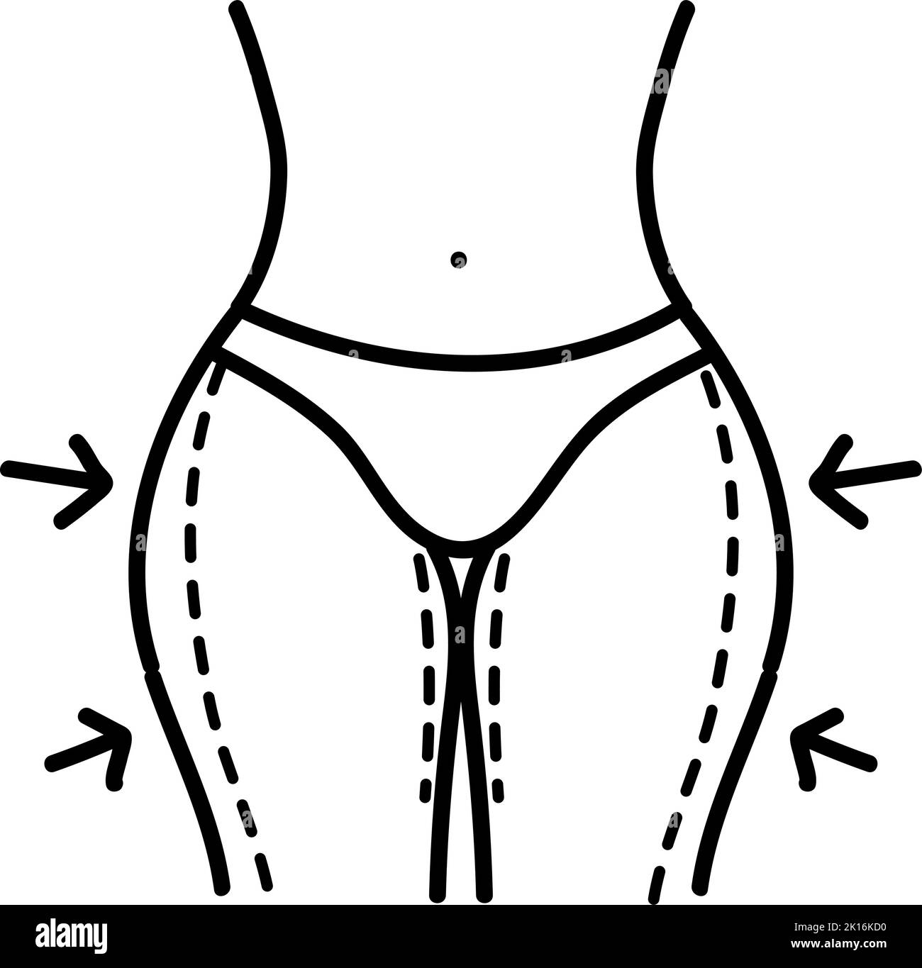 Frauen Schönheit Gesicht plastische Chirurgie. Fettabsaugung der Oberschenkel. Körperkonturierung. Handgezeichnete Vektorgrafik. Bearbeitbare Linienführung Stock Vektor