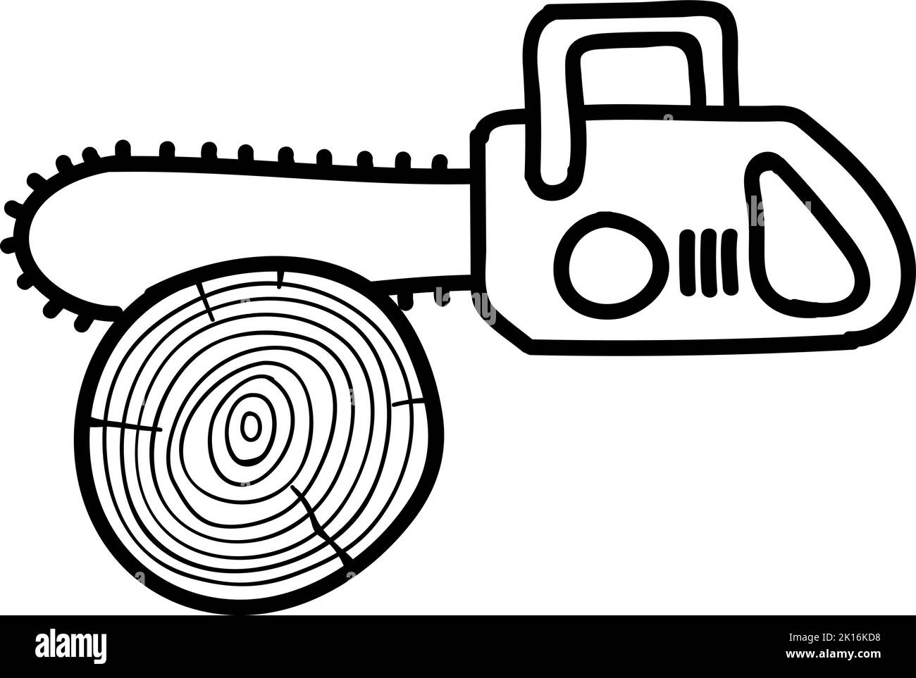 Kettensäge Schneiden von Holzbalken. Handgezeichnete Vektorgrafik. Bearbeitbare Linienführung Stock Vektor